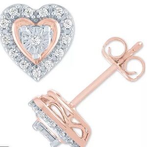 Diamond Heart Stud Earrings in Sterling Silver & 14k Rose Gold-Plate